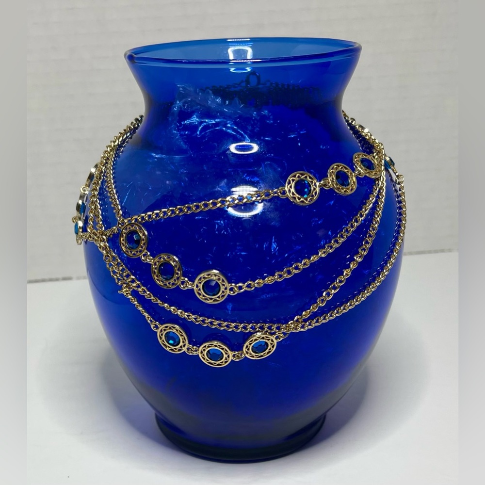 Vintage Long Necklace Gold Tone Chain Round Medallion Blue Center Glass Beads